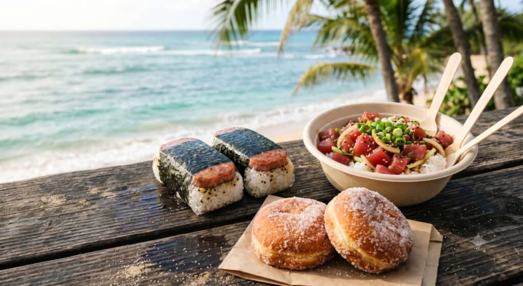 Assortment of cheap Waikiki food including spam musubi, poke bowl, and malasadas on a wooden surface near the beach.