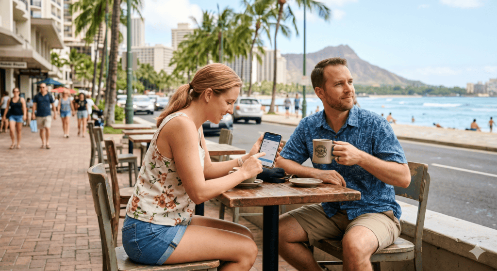 Couple enjoying drinks at an outdoor Waikiki cafe with ocean view.