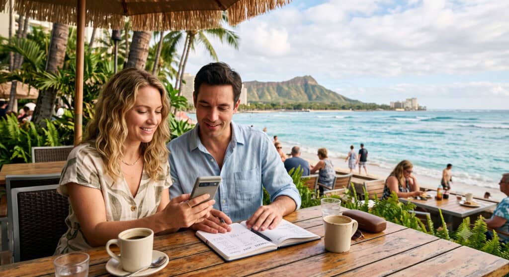 Couple reviewing their Waikiki vacation budget at a beachside cafe with Diamond Head in the background.