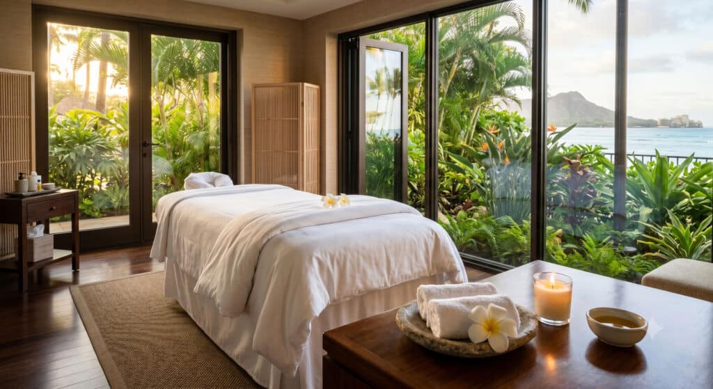 Luxury resort spa treatment room in Waikiki with white linens and tropical garden view