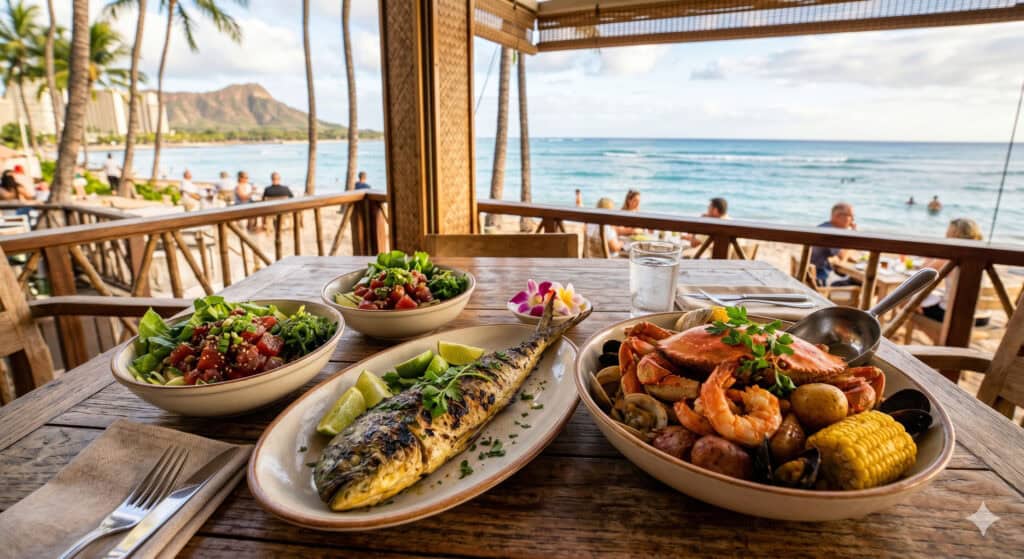 Fresh seafood spread at a beachfront restaurant in Waikiki with Diamond Head in the background