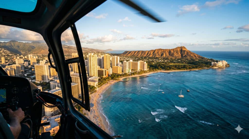Aerial view of Waikiki Beach and Diamond Head crater from a helicopter tour over Oahu Hawaii