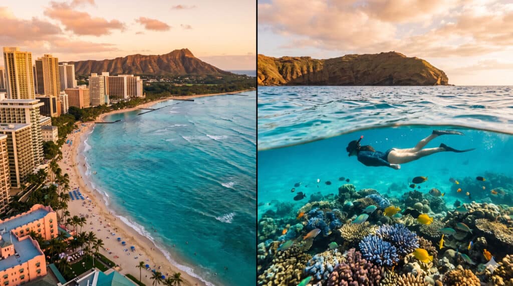 Waikiki beach shoreline and Diamond Head at golden hour compared to Maui snorkeling at Molokini Crater