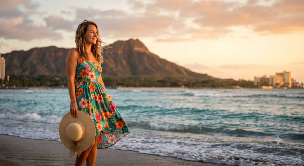 Woman in floral sundress on Waikiki Beach at golden hour with Diamond Head in the background