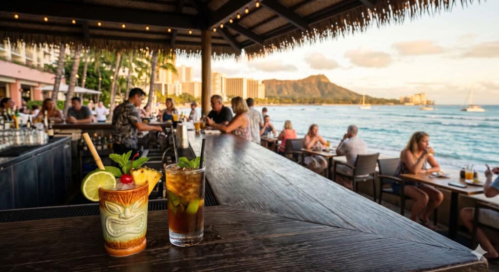 Tropical cocktails on an open-air bar at golden hour with Pacific Ocean views in Waikiki.