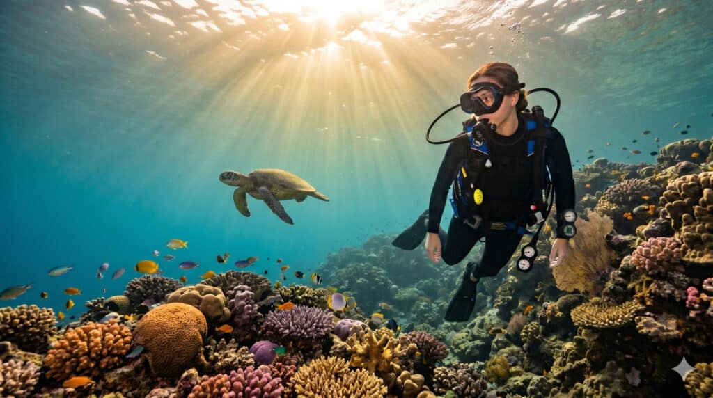 Scuba diver descending along a coral reef off Waikiki with a sea turtle in clear blue water