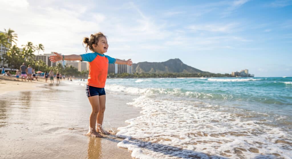 Young child in rash guard playing in calm Waikiki surf with Diamond Head in the background