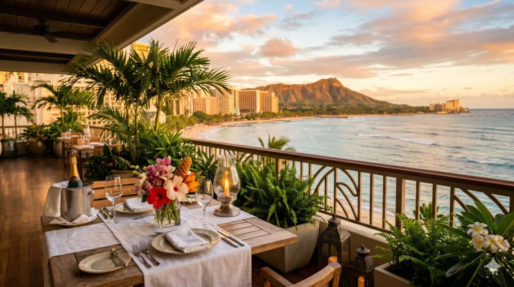 Open-air oceanfront dining table at sunset in Waikiki with Diamond Head in the background