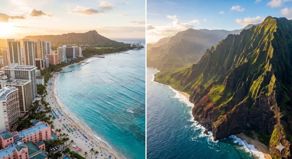Side-by-side aerial view of Waikiki Beach on Oahu and Nā Pali Coast cliffs on Kauai at golden hour