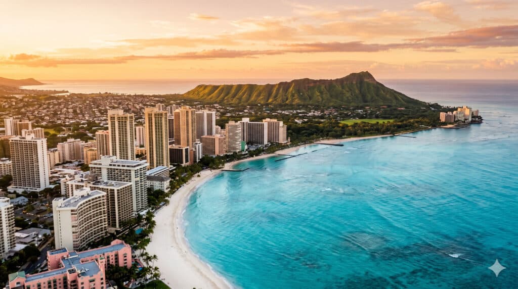 Aerial view of Waikiki Beach at golden hour with Diamond Head crater in the background