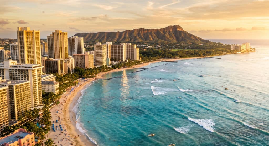 Aerial view of Waikiki Beach with Diamond Head crater and turquoise Pacific Ocean at golden hour