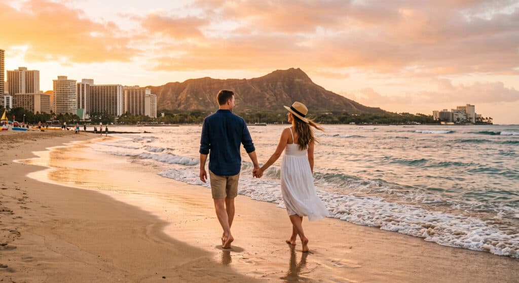 Couple walking on Waikiki Beach at sunset with Diamond Head crater in the background