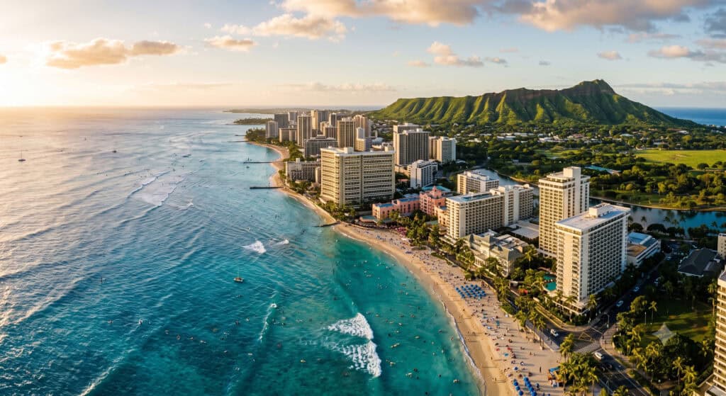 Aerial view of Waikiki Beach and Diamond Head with the Pacific Ocean at golden hour