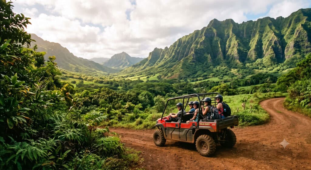 ATV off-road tour through a green valley at Kualoa Ranch during an adventure day trip from Waikiki