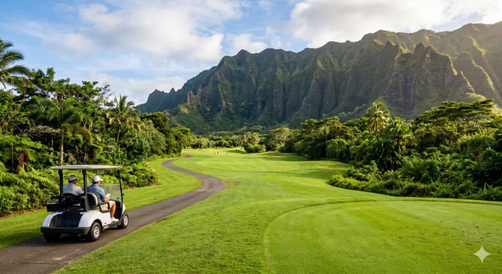 Lush Oahu golf course fairway with Ko'olau mountain ridgeline backdrop, one of the best golf courses near Waikiki.