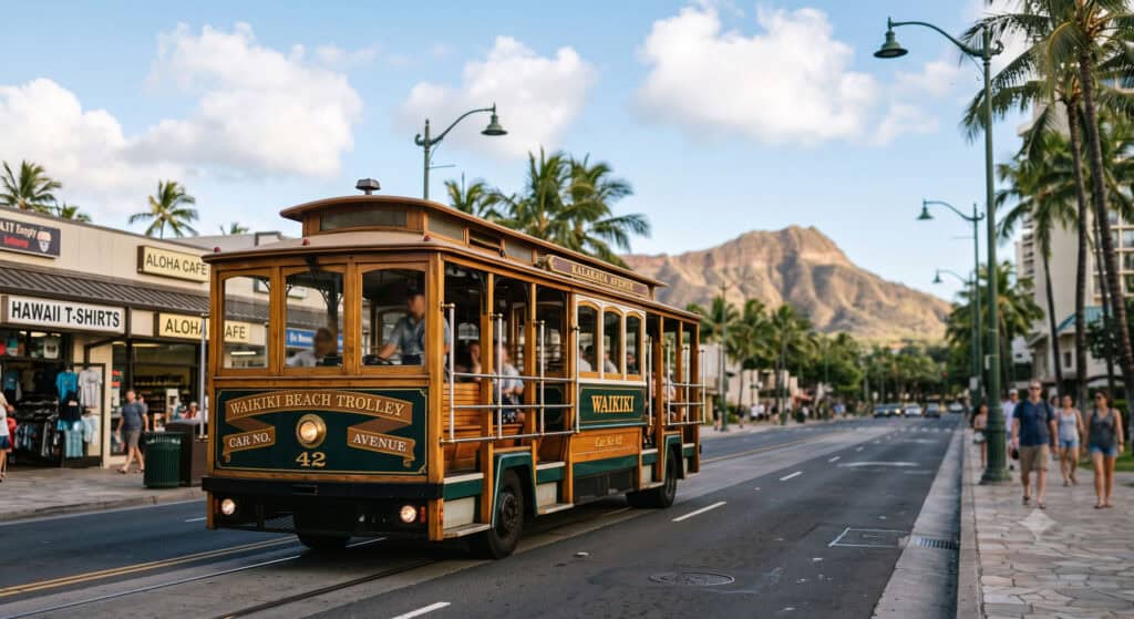 Open-air Waikiki Trolley moving along Kalakaua Avenue with Diamond Head in the background