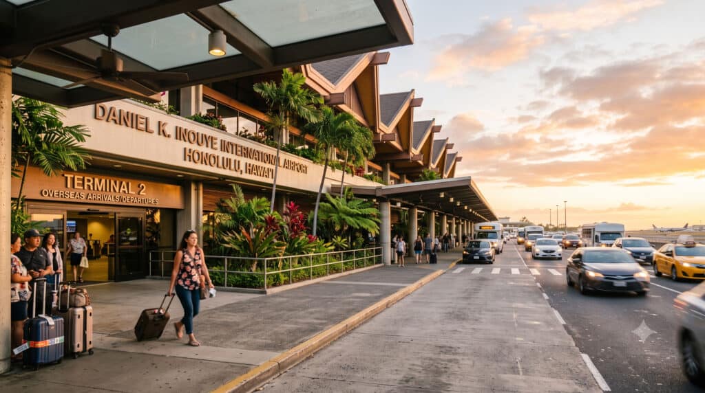 Exterior of Daniel K. Inouye International Airport in Honolulu with vehicles at the pickup curb and tropical landscaping at golden hour.