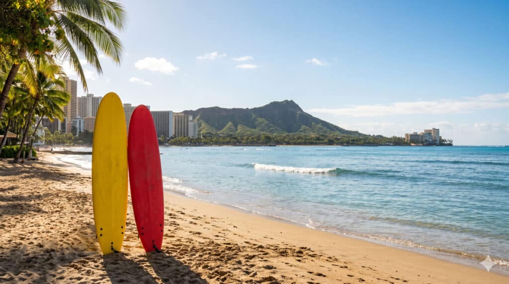 Colorful surfboards on Waikiki Beach with Diamond Head and calm ocean in the background