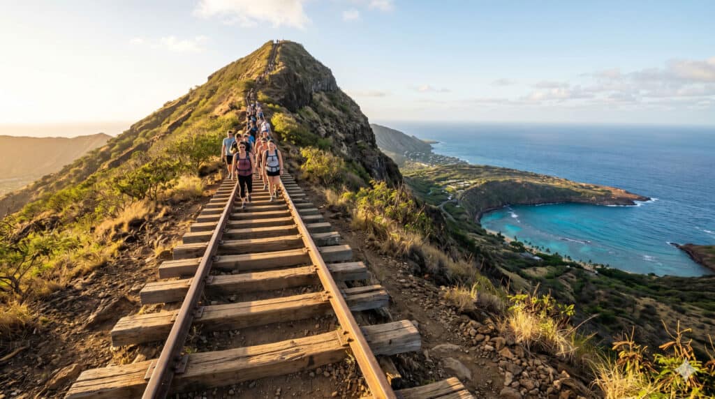 Wooden railway tie staircase of the Koko Head hike rising toward the volcanic summit with Hanauma Bay visible in the background.
