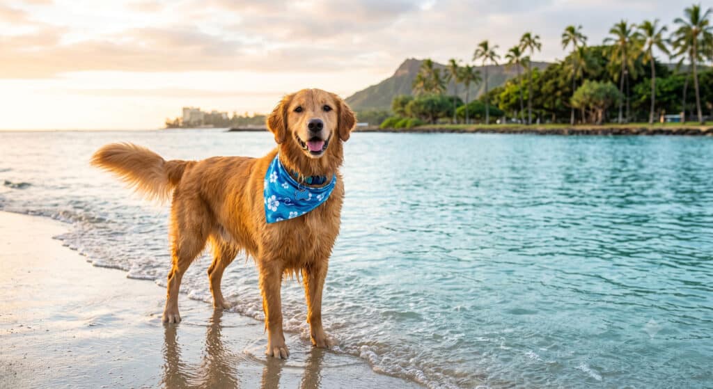 Golden retriever standing in the surf on a calm, turquoise dog-friendly Oahu beach at sunrise