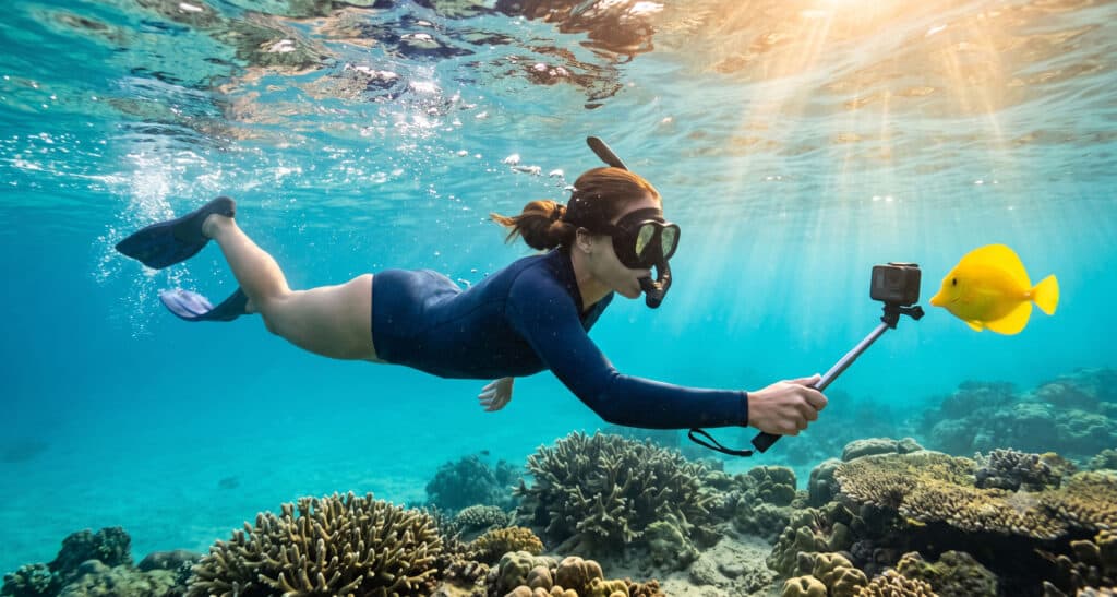Snorkeler holding a GoPro camera underwater photographing a yellow tang reef fish in Waikiki