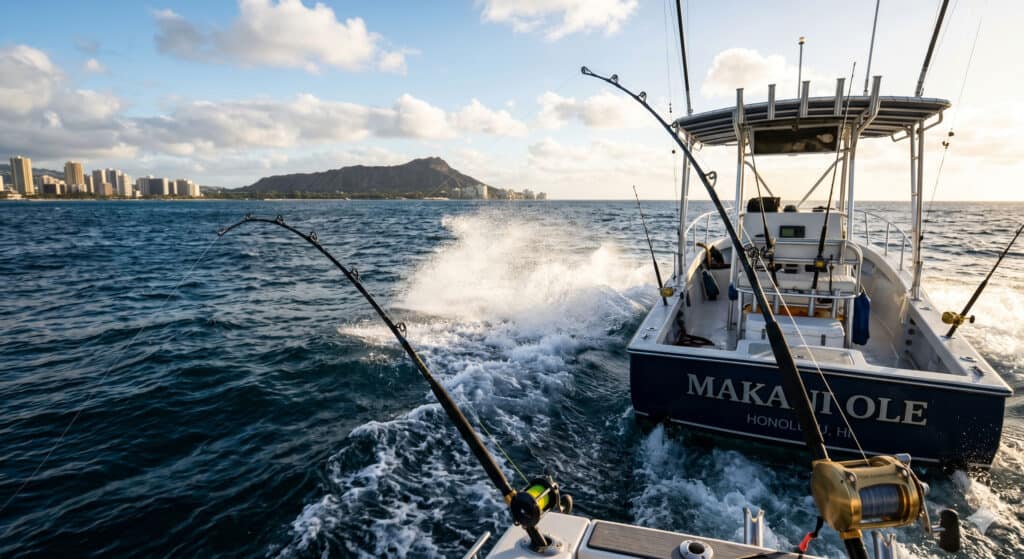 Sport fishing boat trolling in deep blue Pacific Ocean water off Waikiki with Diamond Head in the background.