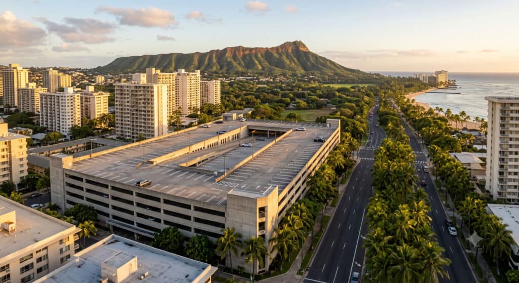 Waikiki parking garage with Diamond Head in the background, Honolulu, Hawaii