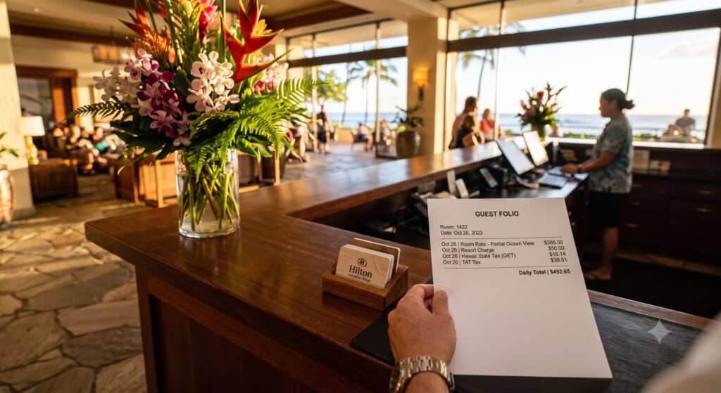 Hotel folio showing separate Waikiki resort fee line item