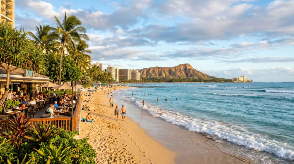 Waikiki Beach shoreline with Diamond Head crater in the background on a sunny afternoon in Hawaii