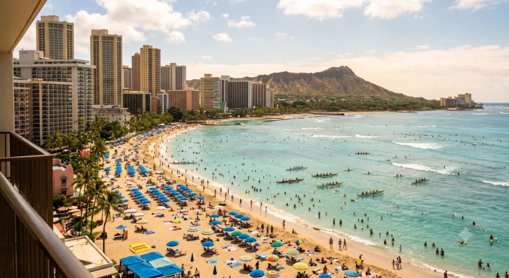 Crowded Waikiki Beach with Diamond Head crater in the background