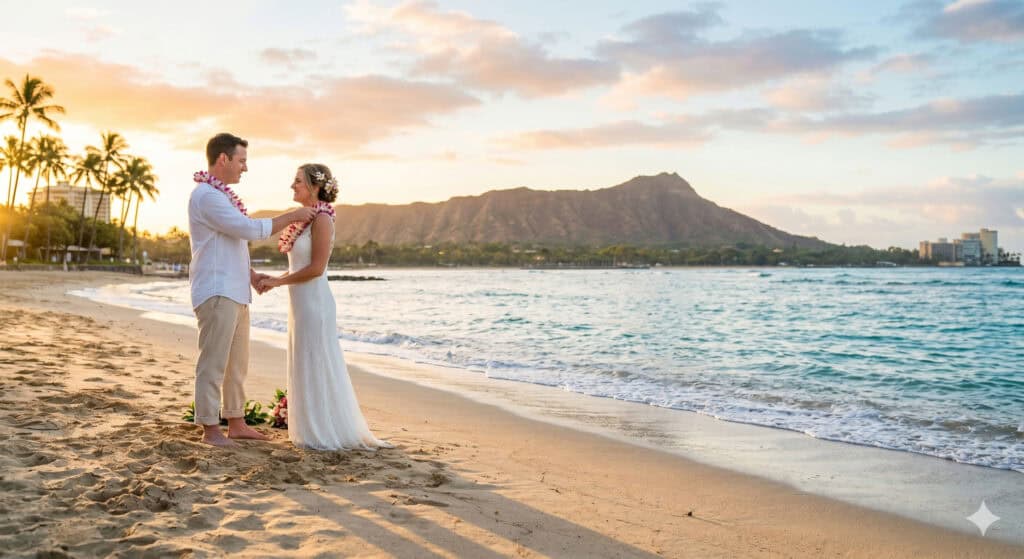 Couple exchanging leis during a beach wedding ceremony on Kahanamoku Beach in Waikiki with Diamond Head in the background