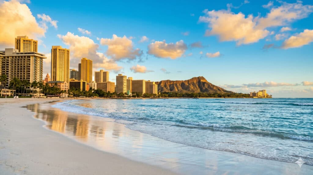 Waikiki Beach hotel skyline stretching toward Diamond Head at golden hour, viewed from the sand