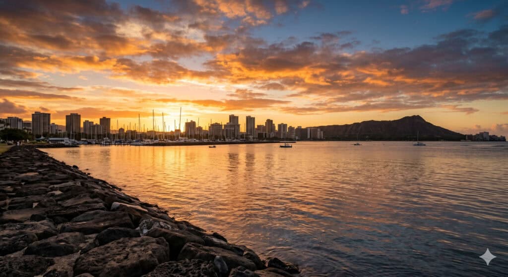 Waikiki skyline and Diamond Head reflected in calm Magic Island lagoon at golden hour sunset.