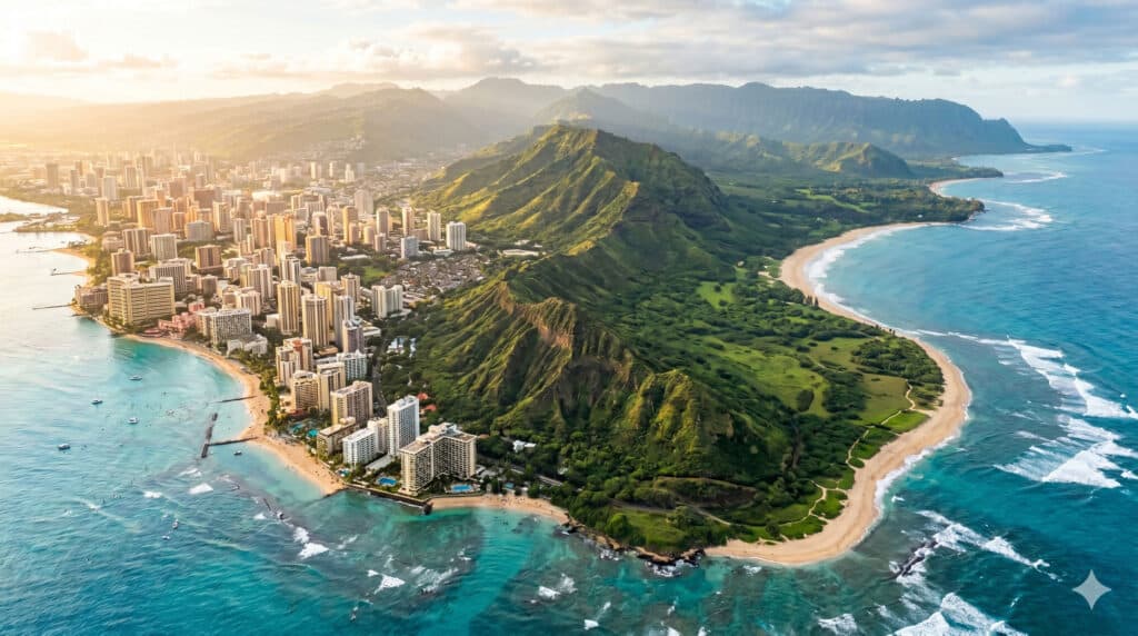 Aerial view of Oahu showing Waikiki skyline and North Shore coastline for hotel hopping comparison