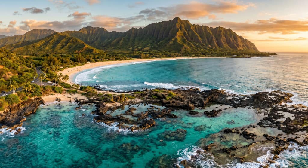 Turquoise water at Shark's Cove on Oahu's North Shore with lava rock formations on a sunny summer day
