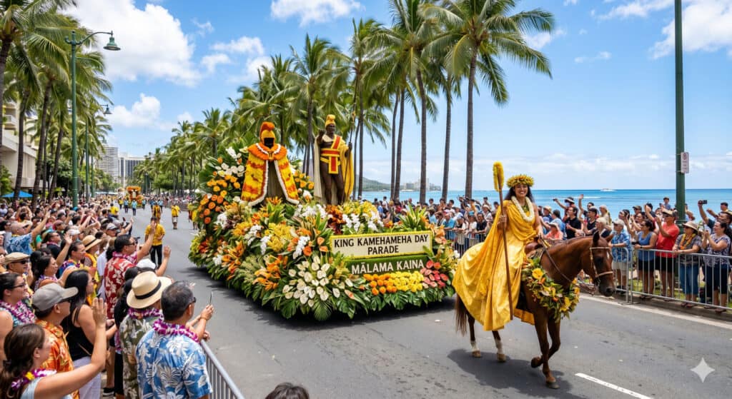 King Kamehameha Day floral parade float covered in tropical flowers on Kalakaua Avenue in Waikiki Oahu June 2026