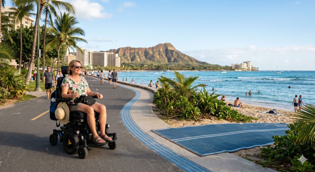 Wheelchair user on a smooth beachfront path in Waikiki with Diamond Head and the Pacific Ocean in the background