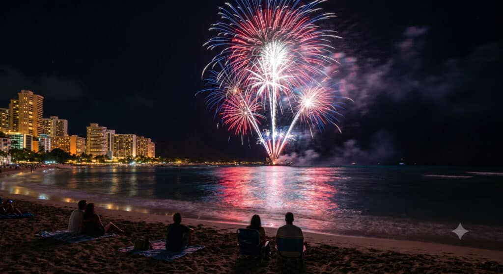 Fireworks burst over Waikiki Beach at night during the Fourth of July 2026 celebration
