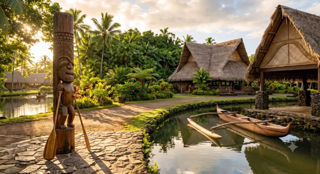 Traditional thatched-roof village structure at the Polynesian Cultural Center in Laie, Oahu