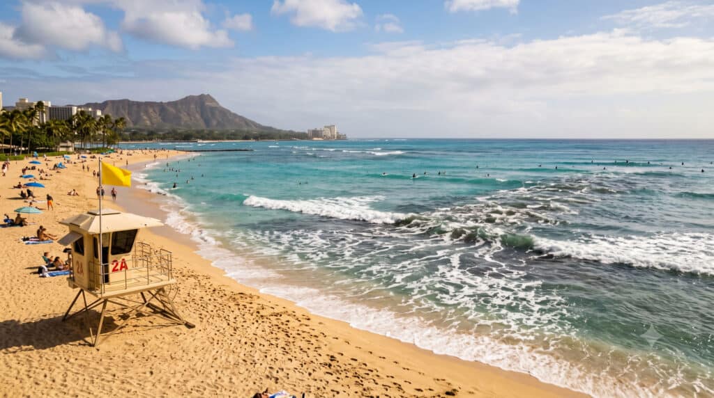 Rip current channel and lifeguard flag at Waikiki Beach