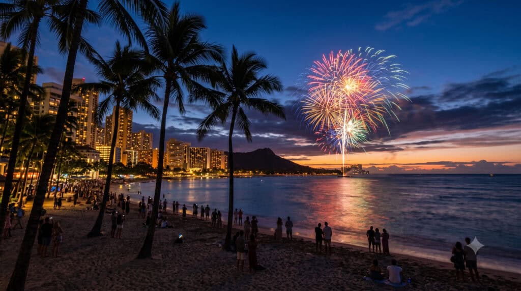 Fireworks over Waikiki Beach during Friday night Hilton show