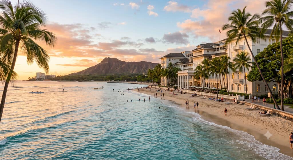 Waikiki beachfront hotel at sunset with no resort fee